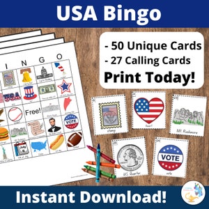 USA BINGO, Fourth of July Bingo, Printable Bingo, Patriotic Bingo, Veterans Day, Memorial Day, Independence Day Bingo, Labor Day