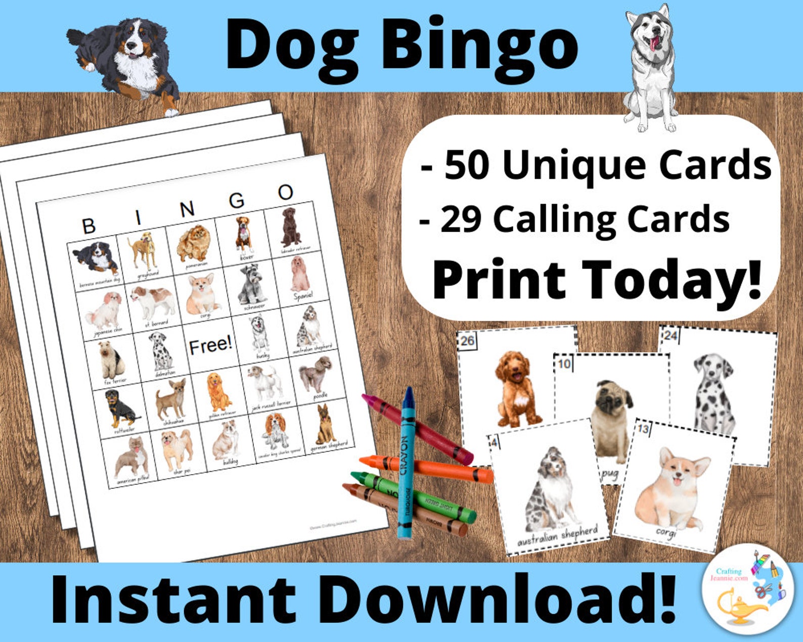 Dog Bingo Cards Printable Bingo Cards, 50 Cards, Kids Game Activity, Dog Breed Bingo, Dog Party