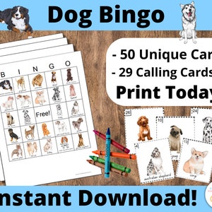 Hondenbingokaarten: afdrukbare bingokaarten, 50 kaarten, kinderspelactiviteit, hondenrassenbingo, hondenfeestactiviteit, hondenbingo, puppybingo