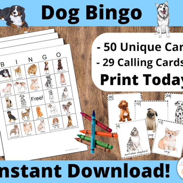 Dog Bingo Cards: Printable bingo cards, 50 cards, kids game activity, Dog breed bingo, Dog party activity, canine bingo, puppy bingo