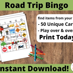 Road Trip Bingo Printable - 50 Unique Travel Bingo Cards DIY Printable Game. Summer Bingo - Car Bingo- PDF Bingo