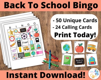 Back to School Bingo: PRINTABLE 50 cards, bingo pdf game, kids back to school activities - School Bingo