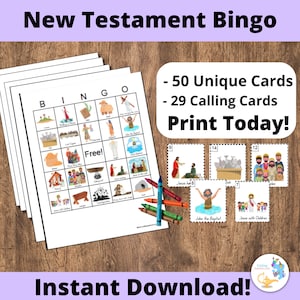 Neues Testament Bingo 50 Karten, CCD Spiel, Bibel Bingo Karten DIY druckbares Spiel. Sonntagsschulspiel, Bingo zum Ausdrucken, Jesus- PDF Bingo