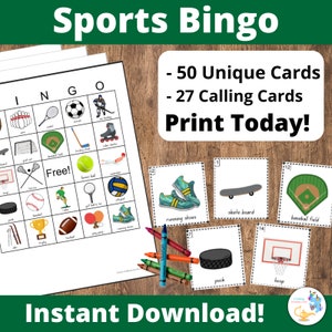 Afdrukbare sportbingo - 50 unieke sportbingokaarten DIY-afdrukbaar spel Afdrukbaar bingospel Spel en activiteiten voor peuters en kleuters
