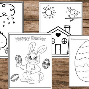 May include: A set of four black and white coloring pages featuring Easter themes. The pages include a chick holding an umbrella in the rain, a bunny holding an Easter egg, a house with a heart, and an egg with a dashed line pattern.