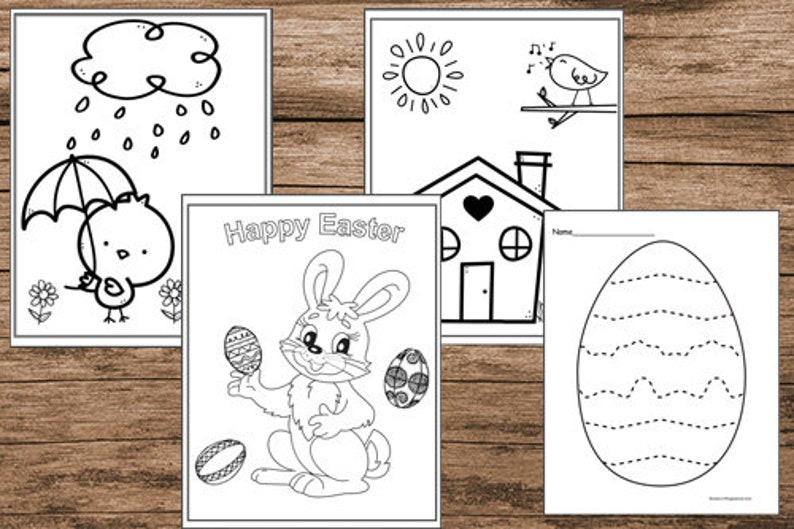 May include: A set of four black and white coloring pages featuring Easter themes. The pages include a chick holding an umbrella in the rain, a bunny holding an Easter egg, a house with a heart, and an egg with a dashed line pattern.