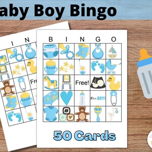 Bingokaarten babyjongen: AFDRUKBARE bingokaarten, babyshowerbingo, set van 50 kaarten, kleurenfotobingo, blauw babyshowerspel-activiteitidee