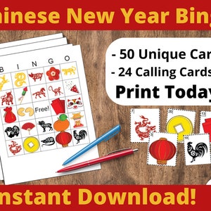 50 Einzigartige Chinesisches Neujahr Bingo Karten DIY Printable Spiel. Chinesisches Neujahrsfest - PDF Bingo