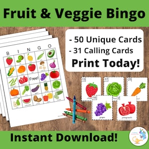 Food Bingo Cards, Vegetable Bingo Cards: Printable bingo cards, 50 cards, kids game activity, Fruits and Veggies, farm game, gardening game