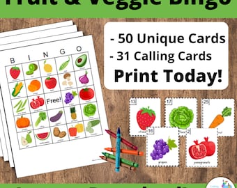 Fruit and Vegetable Bingo Cards, Food Bingo: Printable bingo cards, 50 cards, kids game  Fruits and Veggies, farm game, gardening game