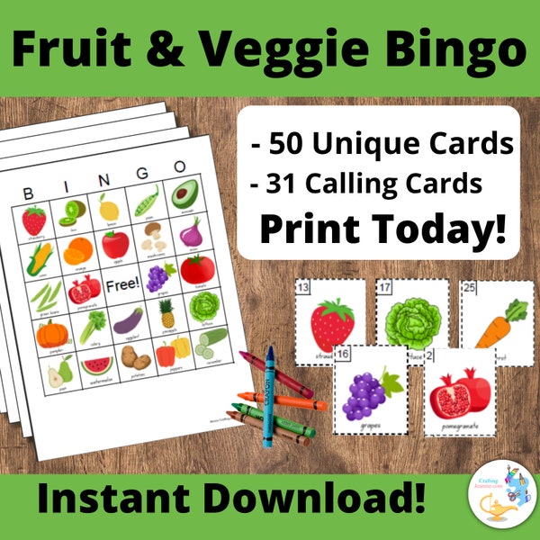 Food Bingo Cards, Vegetable Bingo Cards: Printable bingo cards, 50 cards, kids game activity, Fruits and Veggies, farm game, gardening game