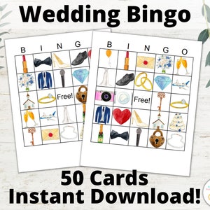 Cartones de bingo para bodas: Cartones de bingo imprimibles, juego de bingo colorido, 50 cartones, juegos de despedida de soltera, idea de despedida de soltera, pequeña actividad de recepción