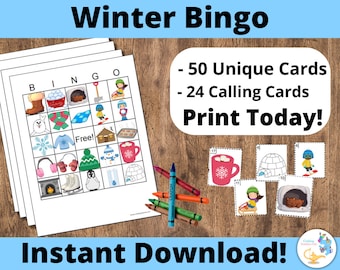 Winter Bingo Game, 50 Unique Bingo Cards, Kids' Winter Activity, Winter Printable, Winter Bingo Cards, Digital Download