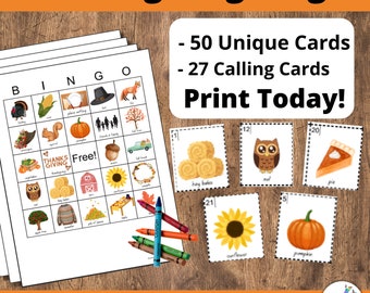 Pode incluir: Jogo de bingo de Ação de Graças com 50 cartas únicas e 27 cartas de chamada. As cartas de bingo apresentam ilustrações temáticas de Ação de Graças, como abóboras, perus e cornucópias. Inclui lápis de cor e o texto "Imprima hoje!"