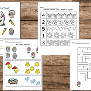 May include: A set of printable worksheets for preschoolers featuring Easter-themed counting activities, a maze, and a 'which group has more' activity.