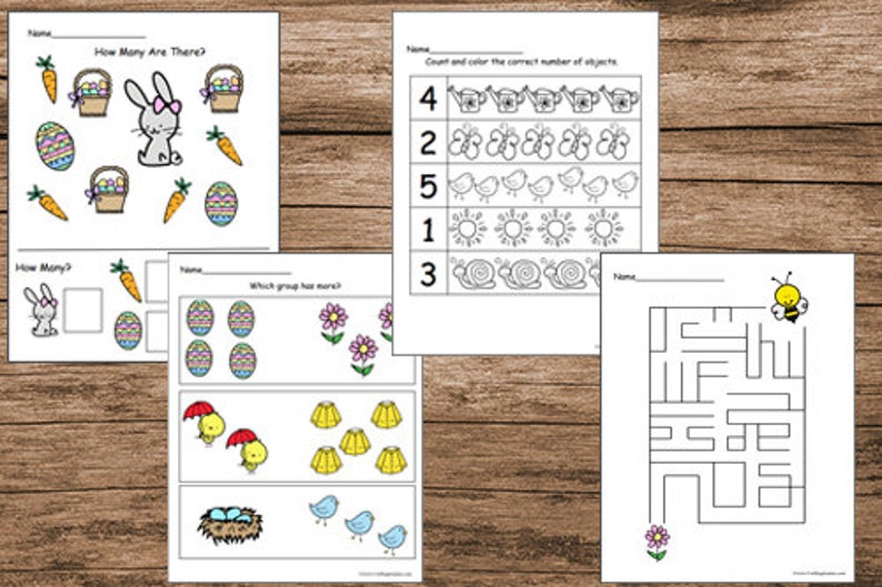 May include: A set of printable worksheets for preschoolers featuring Easter-themed counting activities, a maze, and a 'which group has more' activity.