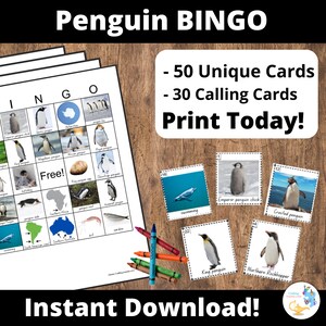 BINGO de pingüinos, 50 tarjetas, juego para niños en edad preescolar, animales del Ártico, juegos de invierno para jardín de infantes, actividades para niños, descarga instantánea, imprimible