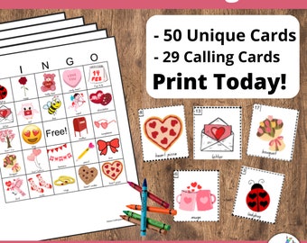 Valentine Bingo 50 Cards, Tarjetas de Bingo del Día de San Valentín - Juego imprimible de bricolaje para la fiesta de San Valentín. Juego Imprimible de Bingo de Corazón.