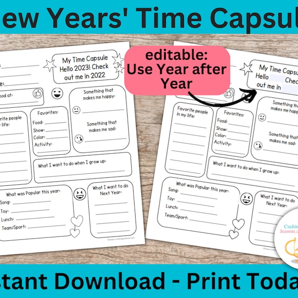 Printable time capsule for kids. Kid’s New Year. 2022 Year in review activity. All about me journal keepsake. New Year’s activity, game.
