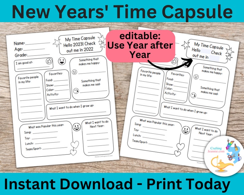 Printable time capsule for kids. Kids New Year. 2022 Year in review activity. All about me journal keepsake. New Years activity, game. image 1