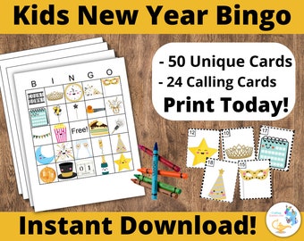 50 Unique New Year Bingo Cards DIY Printable Game. Kids New year Bingo Printable Game - PDF Bingo