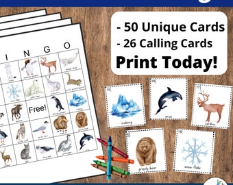 Arctic Animal Bingo Printable - 50 Unique Artic Animals Bingo Cards, Winter Animals Game, Printable Game, BINGO Game, Winter Party