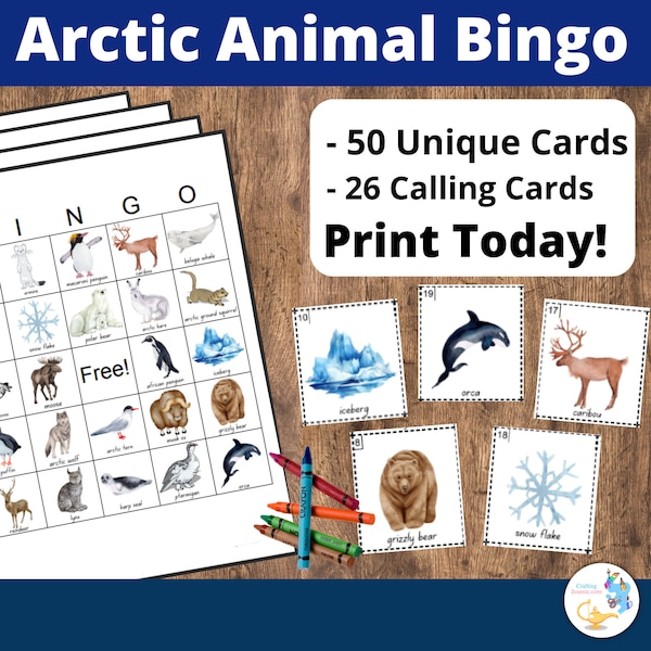 Arctic Animal Bingo Printable - 50 Unique Artic Animals Bingo Cards, Winter Animals Game, Printable Game, BINGO Game, Winter Party