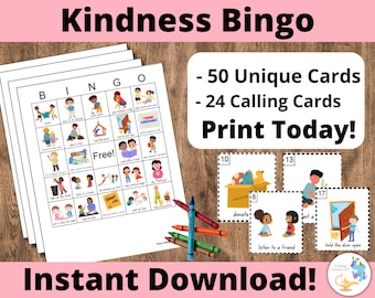 Kindness Bingo Cards: Printable bingo cards, 50 cards, kids game activity, be kind, gratitude bingo, Empathy bingo, kindness game