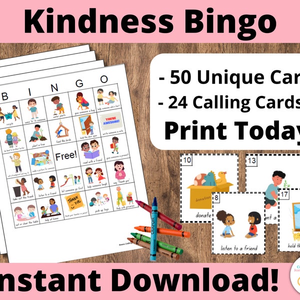 Kindness Bingo Cards: Printable bingo cards, 50 cards, kids game activity, be kind, gratitude bingo, Empathy bingo, kindness game