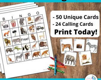 Zoo Bingo - 50 Cards, zoo birthday, zoo animals, zoo for kids, zoo activities, zoo party,  activity clean adult bingo, printable bingo