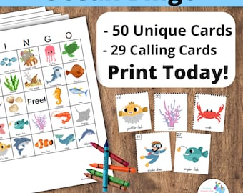 May include: Ocean Bingo game with 50 unique cards and 29 calling cards. The game features images of sea creatures, such as a crab, sea turtle, and a puffer fish. The game is ready to print and includes the text "Print Today!" and "Instant Download!"