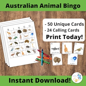 Australia Animal Bingo para impressão - 50 cartas exclusivas de bingo da Austrália, jogo para impressão DIY. Jogo para impressão de canguru, coala e bingo - PDF Bingo