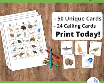 Australia Animal Bingo Printable - 50 unikalnych kart do gry w bingo w Australii DIY Printable Game. Kangaroo, Koala, Bingo Printable Game- PDF Bingo