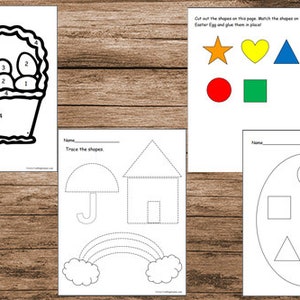 May include: A printable worksheet with four different activities for kids to learn shapes. The first page has a basket with eggs to color. The second page has shapes to trace. The third page has shapes to cut out and glue. The fourth page has shapes to match.