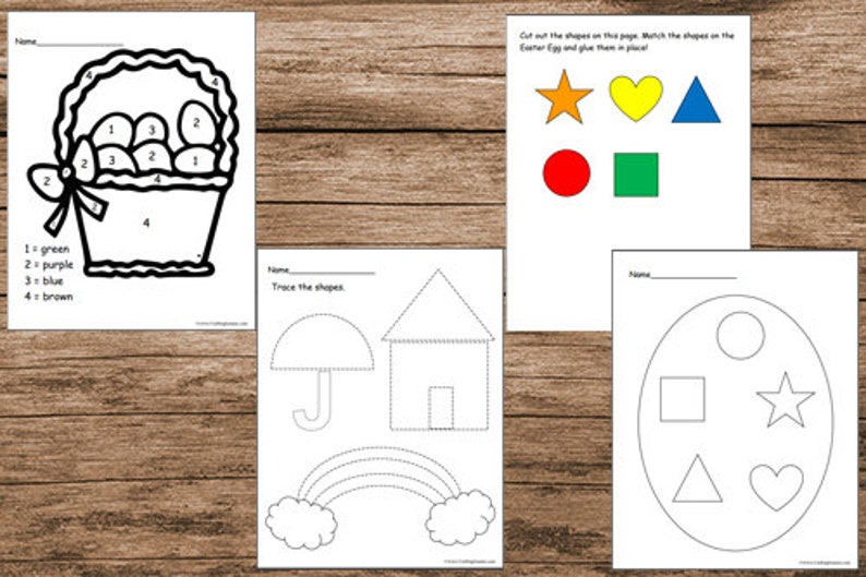 May include: A printable worksheet with four different activities for kids to learn shapes. The first page has a basket with eggs to color. The second page has shapes to trace. The third page has shapes to cut out and glue. The fourth page has shapes to match.