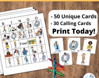 Community Helper Bingo Cards: Printable Bingo cards, colorful bingo set, 50 cards, tea party games, job-themed games, fun preschool job game