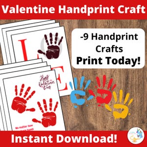 Manualidad imprimible con huellas de manos para San Valentín para niños en edad preescolar, jardín de infantes y niños pequeños (amor, poemas, huellas de pies, carta de amor y ramo)