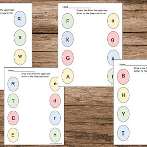 May include: Five printable worksheets with colorful circles containing uppercase and lowercase letters. Each worksheet has instructions to draw a line from the uppercase letter to the lowercase letter.