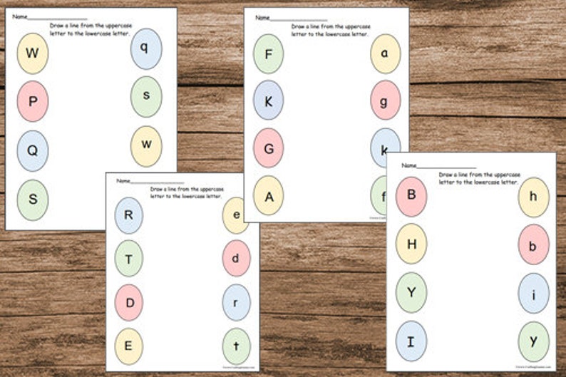 May include: Five printable worksheets with colorful circles containing uppercase and lowercase letters. Each worksheet has instructions to draw a line from the uppercase letter to the lowercase letter.