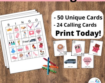 Mother's Day Bingo Cards: 50 Printable bingo cards, mom bingo, mother's day game, mom birthday, tea party, baby shower game, sprinkle