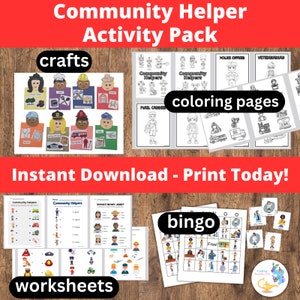 Community Helper Activities, Jobs Bingo, Community Helper worksheets, coloring pages, jobs-themed printables, INSTANT DOWNLOAD