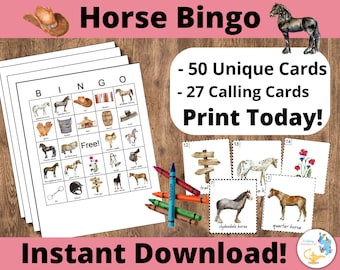 Horse Bingo Cards: Printable bingo cards, kids game activity, Horse breeds, equestrian, Horse party activity, Cowboy bingo, Cowboy party