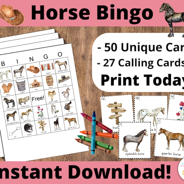 Horse Bingo Cards: Printable bingo cards, kids game activity, Horse breeds, equestrian, Horse party activity, Cowboy bingo, Cowboy party