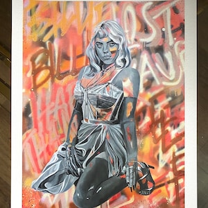Billie Eilish Fine Art Print - Colorful Spray Paint Background with Black and White Image - Sizes 11x14&quot; and 18x24&quot; - Premium Giclee Paper