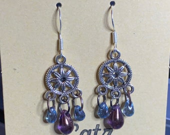 Bohemian style dangle earrings with blue and purple teardrop Czech beads