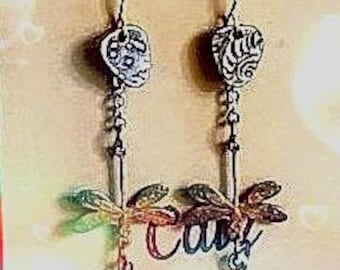 Bohemian style earrings. Copper dragon fly, copper charm and orange drop bead.