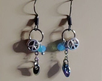 Peace sign earrings, very dainty with blue czech beads.