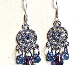Bohemian style dangle earrings with blue and purple teardrop Czech beads