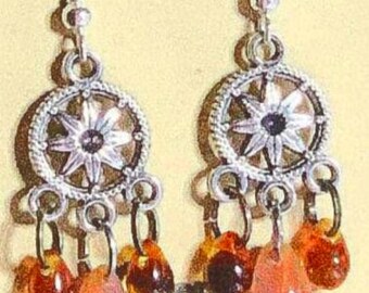 Dream catcher w/ peach and orange czech teardrop beads.  Dangle Earrings.