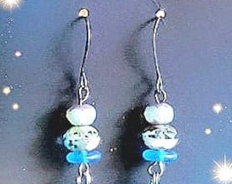 Beautiful beach earrings, various hues of blue in the Picasso beads and sea glass.